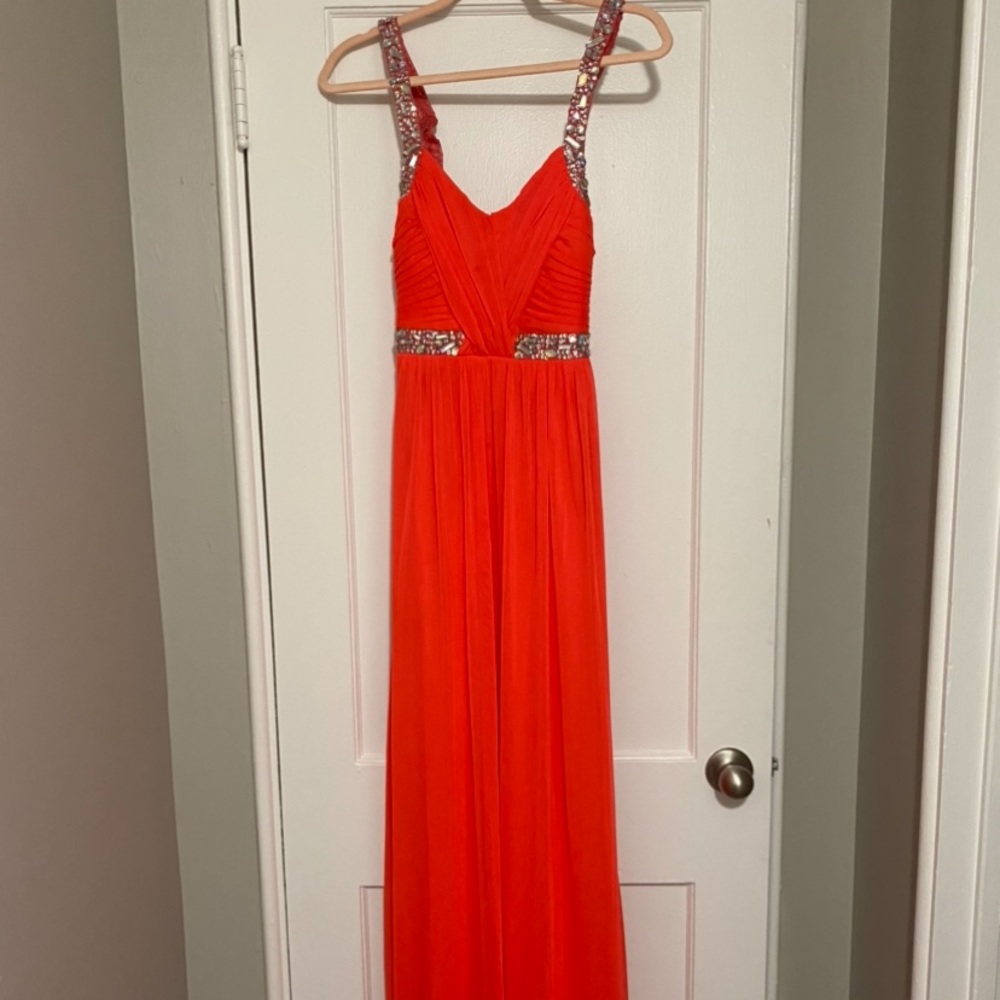 Bright orange- beaded prom dress